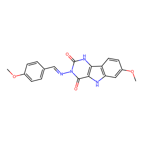 7-methoxy-3-((4-methoxybenzylidene)amino)-1H-pyrimido[5,4-b]indole-2,4(3H,5H)-dione structure