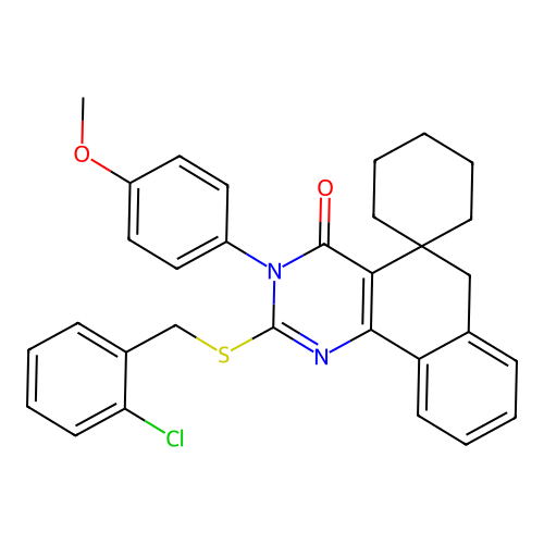 2-((2-chlorobenzyl)thio)-3-(4-methoxyphenyl)-3H-spiro[benzo[h]quinazoline-5,1'-cyclohexan]-4(6H)-one structure