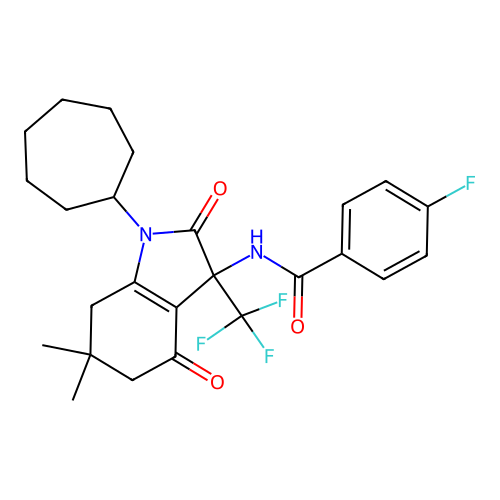 N-(1-cycloheptyl-6,6-dimethyl-2,4-dioxo-3-(trifluoromethyl)-2,3,4,5,6,7-hexahydro-1H-indol-3-yl)-4-fluorobenzamide structure