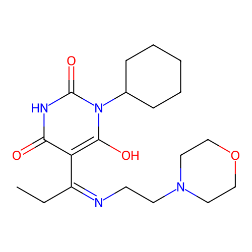 1-cyclohexyl-5-[1-(2-morpholin-4-ylethylamino)propylidene]-1,3-diazinane-2,4,6-trione structure