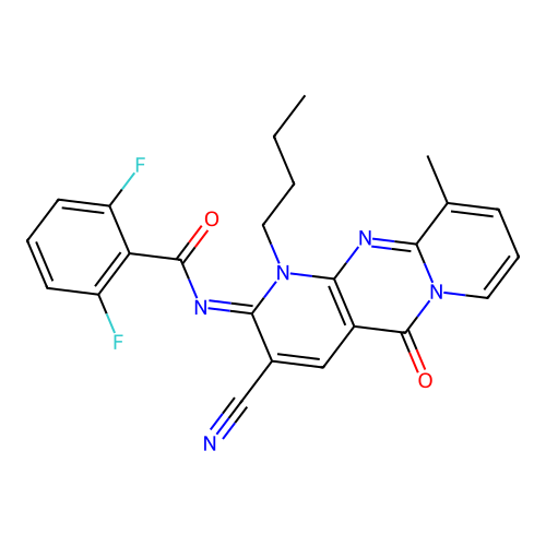 (E)-N-(1-butyl-3-cyano-10-methyl-5-oxo-1H-dipyrido[1,2-a:2',3'-d]pyrimidin-2(5H)-ylidene)-2,6-difluorobenzamide structure