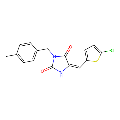 (E)-5-((5-chlorothiophen-2-yl)methylene)-3-(4-methylbenzyl)imidazolidine-2,4-dione structure