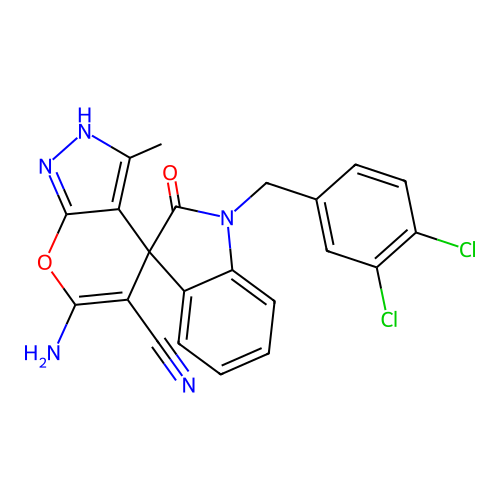 6'-amino-1-(3,4-dichlorobenzyl)-3'-methyl-2-oxo-1'H-spiro[indoline-3,4'-pyrano[2,3-c]pyrazole]-5'-carbonitrile structure