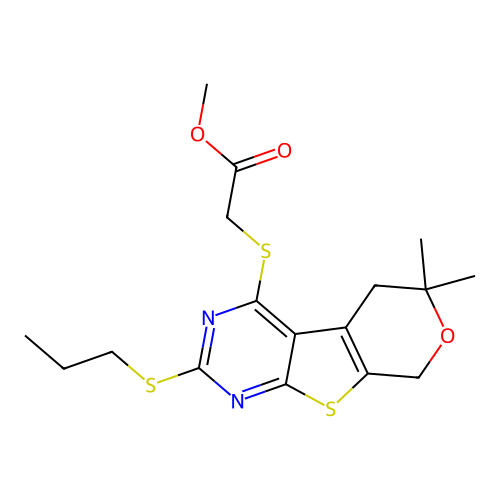 methyl {[6,6-dimethyl-2-(propylsulfanyl)-5,8-dihydro-6H-pyrano[4',3':4,5]thieno[2,3-d]pyrimidin-4-yl]sulfanyl}acetate structure