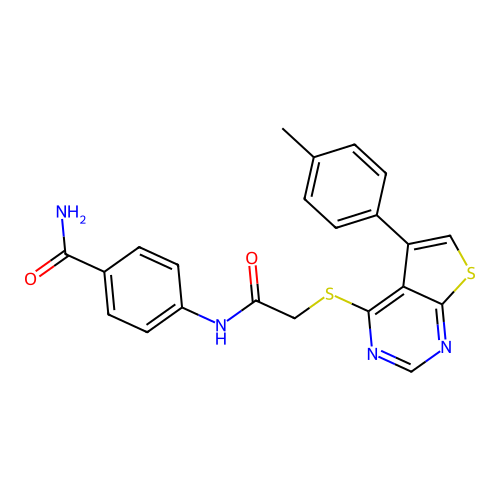 4-[({[5-(4-methylphenyl)thieno[2,3-d]pyrimidin-4-yl]sulfanyl}acetyl)amino]benzamide structure