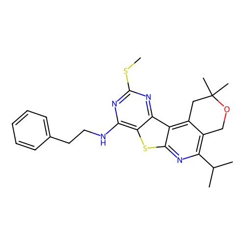 2,2-dimethyl-10-(methylsulfanyl)-N-(2-phenylethyl)-5-(propan-2-yl)-1,4-dihydro-2H-pyrano[4'',3'':4',5']pyrido[3',2':4,5]thieno[3,2-d]pyrimidin-8-amine structure