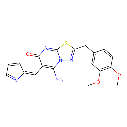 (6E)-2-(3,4-dimethoxybenzyl)-5-imino-6-(1H-pyrrol-2-ylmethylidene)-5,6-dihydro-7H-[1,3,4]thiadiazolo[3,2-a]pyrimidin-7-one structure