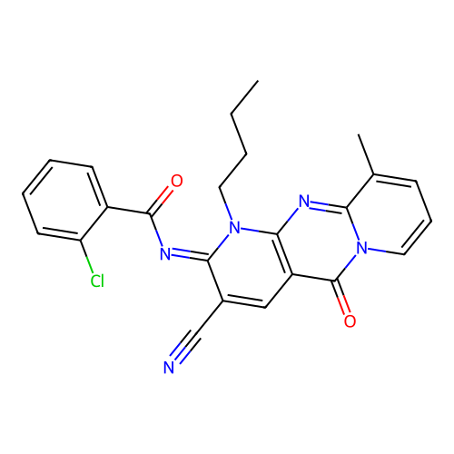 (E)-N-(1-butyl-3-cyano-10-methyl-5-oxo-1H-dipyrido[1,2-a:2',3'-d]pyrimidin-2(5H)-ylidene)-2-chlorobenzamide structure