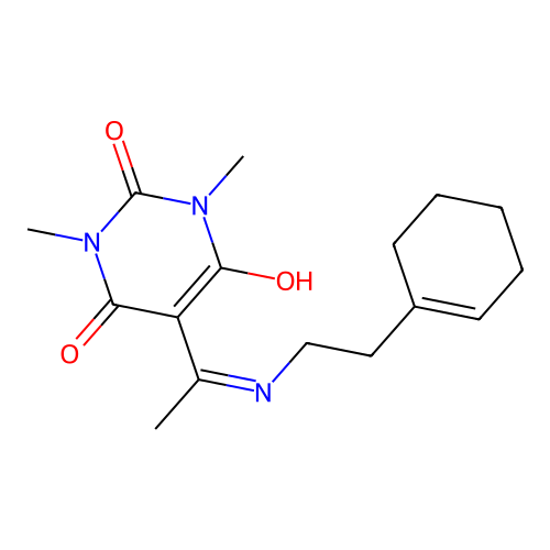 5-[1-[2-(cyclohexen-1-yl)ethylamino]ethylidene]-1,3-dimethyl-1,3-diazinane-2,4,6-trione structure