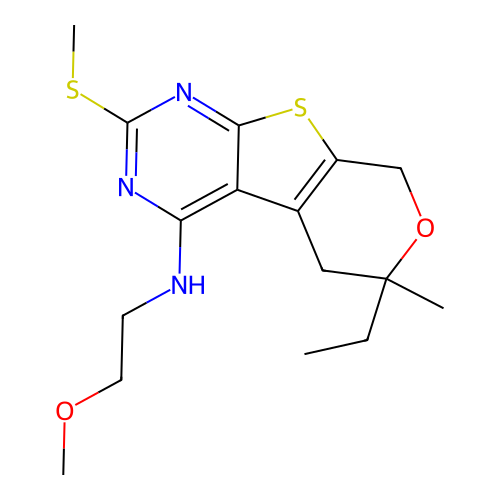 6-ethyl-N-(2-methoxyethyl)-6-methyl-2-(methylsulfanyl)-5,8-dihydro-6H-pyrano[4',3':4,5]thieno[2,3-d]pyrimidin-4-amine structure