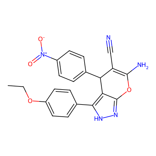 6-amino-3-(4-ethoxyphenyl)-4-(4-nitrophenyl)-1,4-dihydropyrano[2,3-c]pyrazole-5-carbonitrile structure