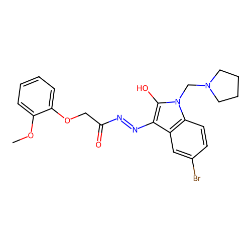 (Z)-N'-(5-bromo-2-oxo-1-(pyrrolidin-1-ylmethyl)indolin-3-ylidene)-2-(2-methoxyphenoxy)acetohydrazide structure