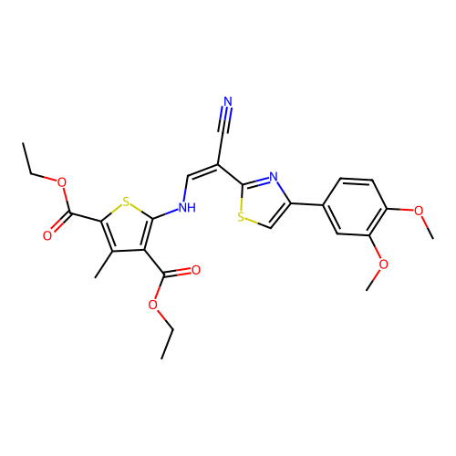 (Z)-diethyl 5-((2-cyano-2-(4-(3,4-dimethoxyphenyl)thiazol-2-yl)vinyl)amino)-3-methylthiophene-2,4-dicarboxylate structure