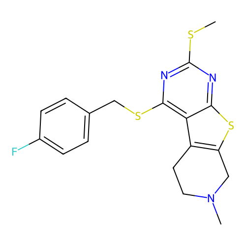 4-((4-fluorobenzyl)thio)-7-methyl-2-(methylthio)-5,6,7,8-tetrahydropyrido[4',3':4,5]thieno[2,3-d]pyrimidine structure