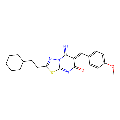 (Z)-2-(2-cyclohexylethyl)-5-imino-6-(4-methoxybenzylidene)-5H-[1,3,4]thiadiazolo[3,2-a]pyrimidin-7(6H)-one structure