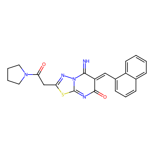 (6Z)-5-imino-6-(naphthalen-1-ylmethylidene)-2-(2-oxo-2-pyrrolidin-1-ylethyl)-[1,3,4]thiadiazolo[3,2-a]pyrimidin-7-one structure