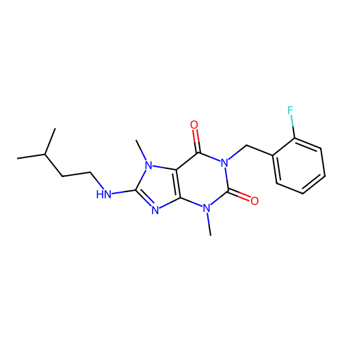 1-[(2-fluorophenyl)methyl]-3,7-dimethyl-8-(3-methylbutylamino)purine-2,6-dione structure