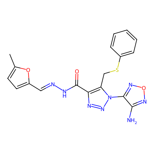 (E)-1-(4-amino-1,2,5-oxadiazol-3-yl)-N'-((5-methylfuran-2-yl)methylene)-5-((phenylthio)methyl)-1H-1,2,3-triazole-4-carbohydrazide structure