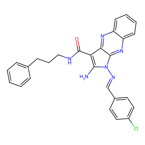 (E)-2-amino-1-((4-chlorobenzylidene)amino)-N-(3-phenylpropyl)-1H-pyrrolo[2,3-b]quinoxaline-3-carboxamide structure