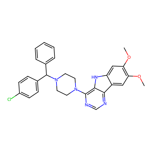 4-(4-((4-chlorophenyl)(phenyl)methyl)piperazin-1-yl)-7,8-dimethoxy-5H-pyrimido[5,4-b]indole structure