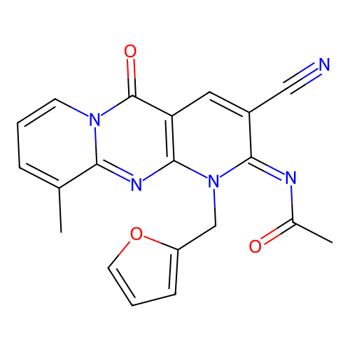 (E)-N-(3-cyano-1-(furan-2-ylmethyl)-10-methyl-5-oxo-1H-dipyrido[1,2-a:2',3'-d]pyrimidin-2(5H)-ylidene)acetamide structure