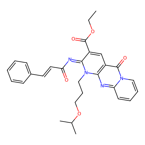 (Z)-ethyl 2-(cinnamoylimino)-1-(3-isopropoxypropyl)-5-oxo-2,5-dihydro-1H-dipyrido[1,2-a:2',3'-d]pyrimidine-3-carboxylate structure