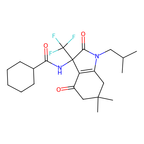 N-[6,6-dimethyl-1-(2-methylpropyl)-2,4-dioxo-3-(trifluoromethyl)-2,3,4,5,6,7-hexahydro-1H-indol-3-yl]cyclohexanecarboxamide structure