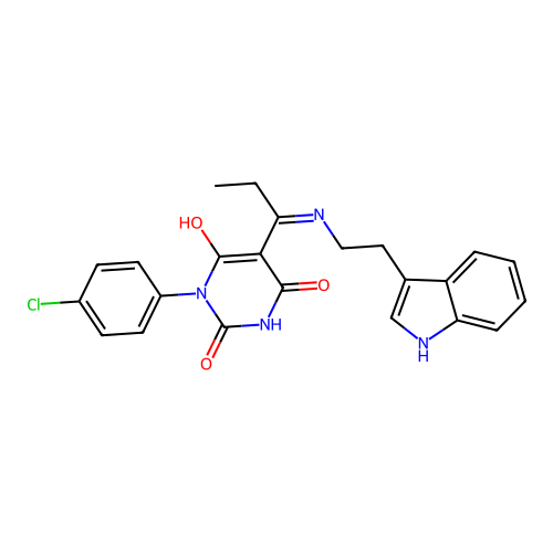 1-(4-chlorophenyl)-5-[1-[2-(1H-indol-3-yl)ethylamino]propylidene]-1,3-diazinane-2,4,6-trione structure