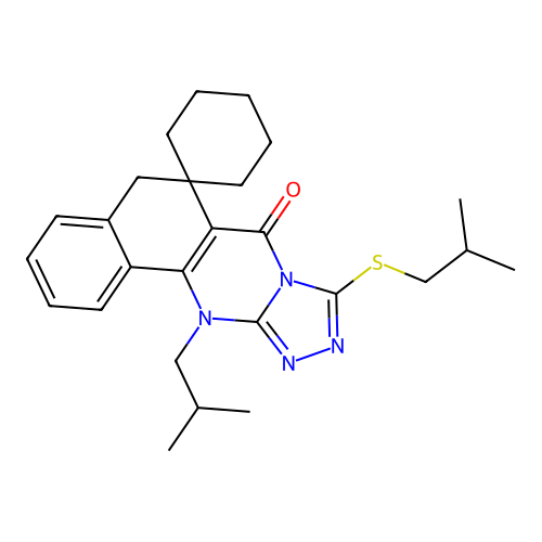 12-(2-methylpropyl)-9-[(2-methylpropyl)sulfanyl]-5H-spiro[benzo[h][1,2,4]triazolo[3,4-b]quinazoline-6,1'-cyclohexan]-7(12H)-one structure