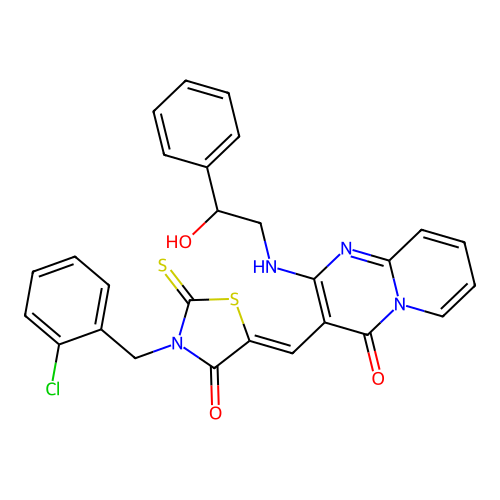 3-{(Z)-[3-(2-chlorobenzyl)-4-oxo-2-thioxo-1,3-thiazolidin-5-ylidene]methyl}-2-[(2-hydroxy-2-phenylethyl)amino]-4H-pyrido[1,2-a]pyrimidin-4-one structure
