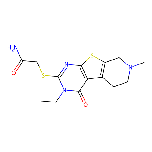 2-((3-ethyl-7-methyl-4-oxo-3,4,5,6,7,8-hexahydropyrido[4',3':4,5]thieno[2,3-d]pyrimidin-2-yl)thio)acetamide structure