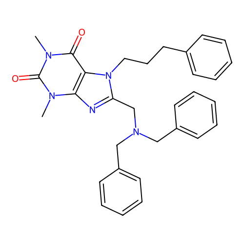 8-[(Dibenzylamino)methyl]-1,3-dimethyl-7-(3-phenylpropyl)purine-2,6-dione structure