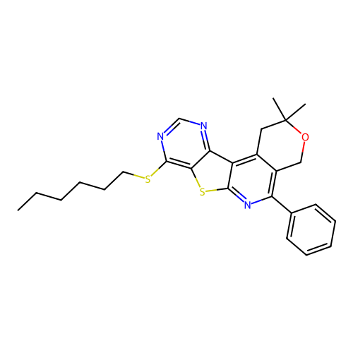 8-(hexylsulfanyl)-2,2-dimethyl-5-phenyl-1,4-dihydro-2H-pyrano[4'',3'':4',5']pyrido[3',2':4,5]thieno[3,2-d]pyrimidine structure