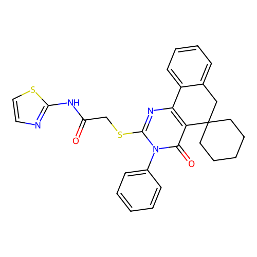 2-((4-oxo-3-phenyl-4,6-dihydro-3H-spiro[benzo[h]quinazoline-5,1'-cyclohexan]-2-yl)thio)-N-(thiazol-2-yl)acetamide structure
