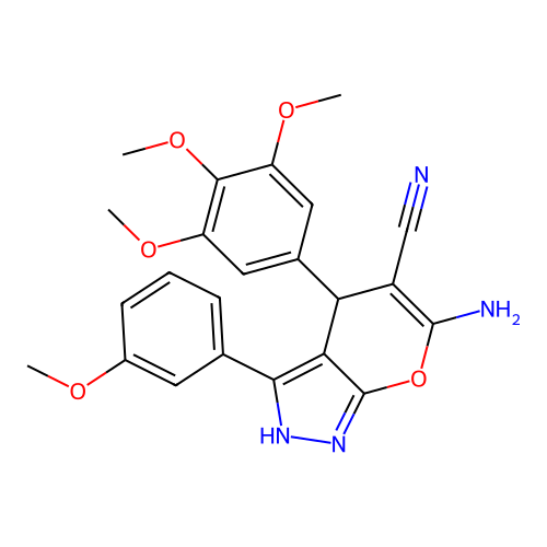 6-amino-3-(3-methoxyphenyl)-4-(3,4,5-trimethoxyphenyl)-2,4-dihydropyrano[2,3-c]pyrazole-5-carbonitrile structure