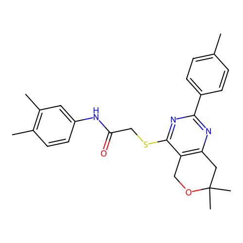 2-((7,7-dimethyl-2-(p-tolyl)-7,8-dihydro-5H-pyrano[4,3-d]pyrimidin-4-yl)thio)-N-(3,4-dimethylphenyl)acetamide structure