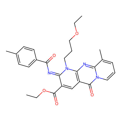 (Z)-ethyl 1-(3-ethoxypropyl)-10-methyl-2-((4-methylbenzoyl)imino)-5-oxo-2,5-dihydro-1H-dipyrido[1,2-a:2',3'-d]pyrimidine-3-carboxylate structure