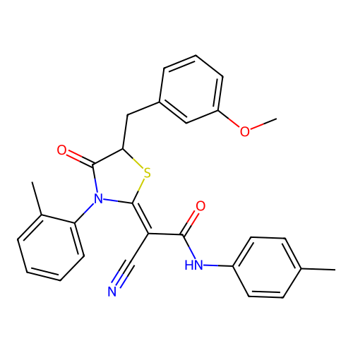 (Z)-2-cyano-2-(5-(3-methoxybenzyl)-4-oxo-3-(o-tolyl)thiazolidin-2-ylidene)-N-(p-tolyl)acetamide structure