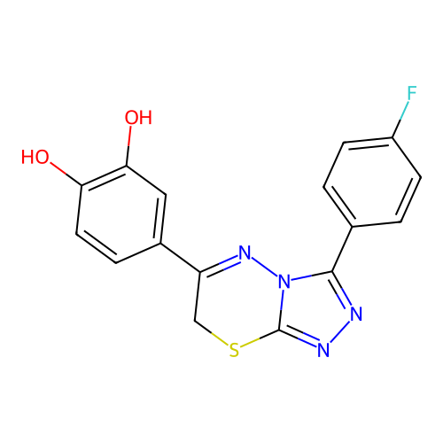 4-[3-(4-fluorophenyl)-7H-[1,2,4]triazolo[3,4-b][1,3,4]thiadiazin-6-yl]benzene-1,2-diol structure