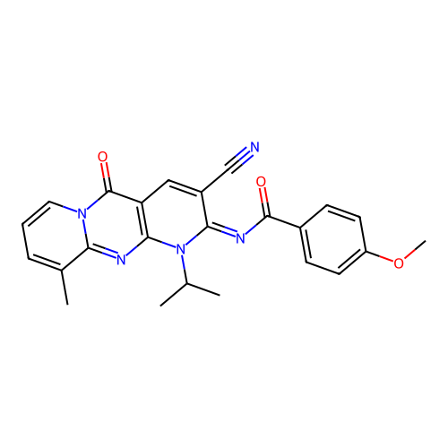 (E)-N-(3-cyano-1-isopropyl-10-methyl-5-oxo-1H-dipyrido[1,2-a:2',3'-d]pyrimidin-2(5H)-ylidene)-4-methoxybenzamide structure