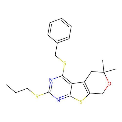 4-(benzylsulfanyl)-6,6-dimethyl-2-(propylsulfanyl)-5,8-dihydro-6H-pyrano[4',3':4,5]thieno[2,3-d]pyrimidine structure