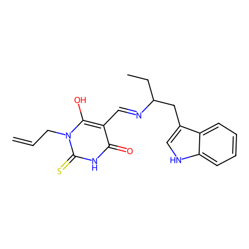 (5E)-5-({[1-(1H-indol-3-yl)butan-2-yl]amino}methylidene)-1-(prop-2-en-1-yl)-2-sulfanylpyrimidine-4,6(1H,5H)-dione structure