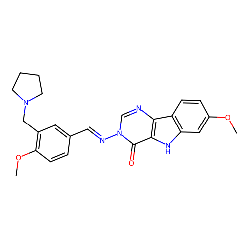 (E)-7-methoxy-3-((4-methoxy-3-(pyrrolidin-1-ylmethyl)benzylidene)amino)-3H-pyrimido[5,4-b]indol-4(5H)-one structure