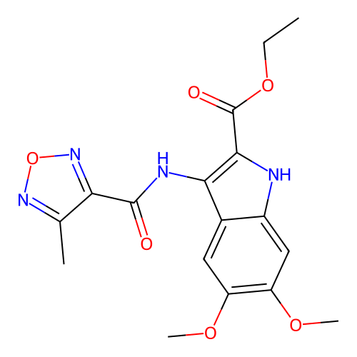 ethyl 5,6-dimethoxy-3-(4-methyl-1,2,5-oxadiazole-3-carboxamido)-1H-indole-2-carboxylate structure