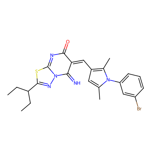 (E)-6-((1-(3-bromophenyl)-2,5-dimethyl-1H-pyrrol-3-yl)methylene)-5-imino-2-(pentan-3-yl)-5H-[1,3,4]thiadiazolo[3,2-a]pyrimidin-7(6H)-one structure