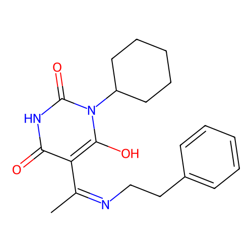 1-cyclohexyl-5-[1-(phenethylamino)ethylidene]-1,3-diazinane-2,4,6-trione structure