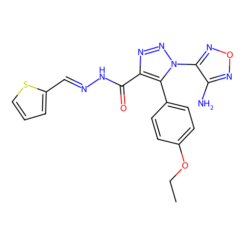 (E)-1-(4-amino-1,2,5-oxadiazol-3-yl)-5-(4-ethoxyphenyl)-N'-(thiophen-2-ylmethylene)-1H-1,2,3-triazole-4-carbohydrazide structure