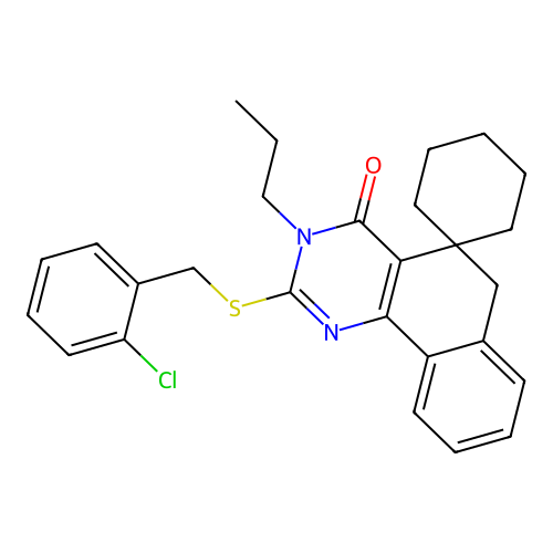 2-((2-chlorobenzyl)thio)-3-propyl-3H-spiro[benzo[h]quinazoline-5,1'-cyclohexan]-4(6H)-one structure