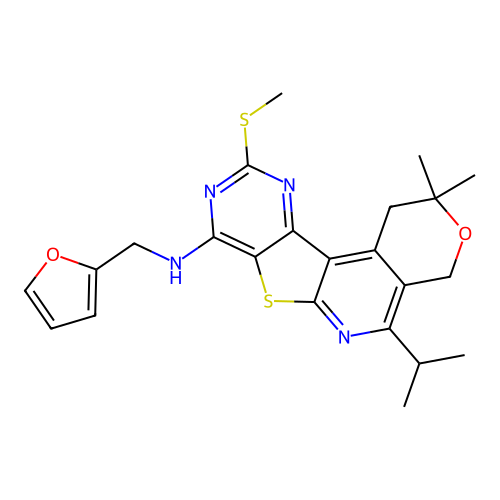 Furan-2-ylmethyl-(5-isopropyl-2,2-dimethyl-10-methylsulfanyl-1,4-dihydro-2H-3-oxa-7-thia-6,9,11-triaza- benzo[c]fluoren-8-yl)-amine structure