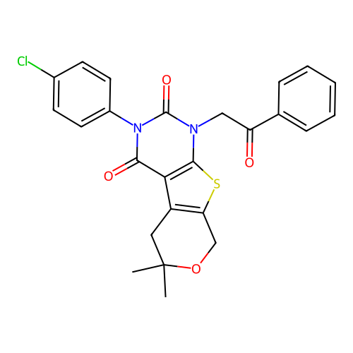 3-(4-chlorophenyl)-6,6-dimethyl-1-(2-oxo-2-phenylethyl)-1,5,6,8-tetrahydro-2H-pyrano[4',3':4,5]thieno[2,3-d]pyrimidine-2,4(3H)-dione structure